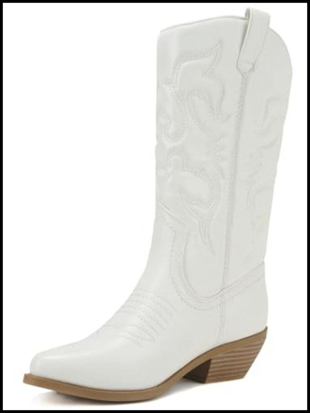 Block Heel Pointed Toe Pull-On Ankle Bootie with Embroidered Detail